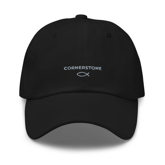 Cornerstone Wear black dad hat with embroidered logo, front view.