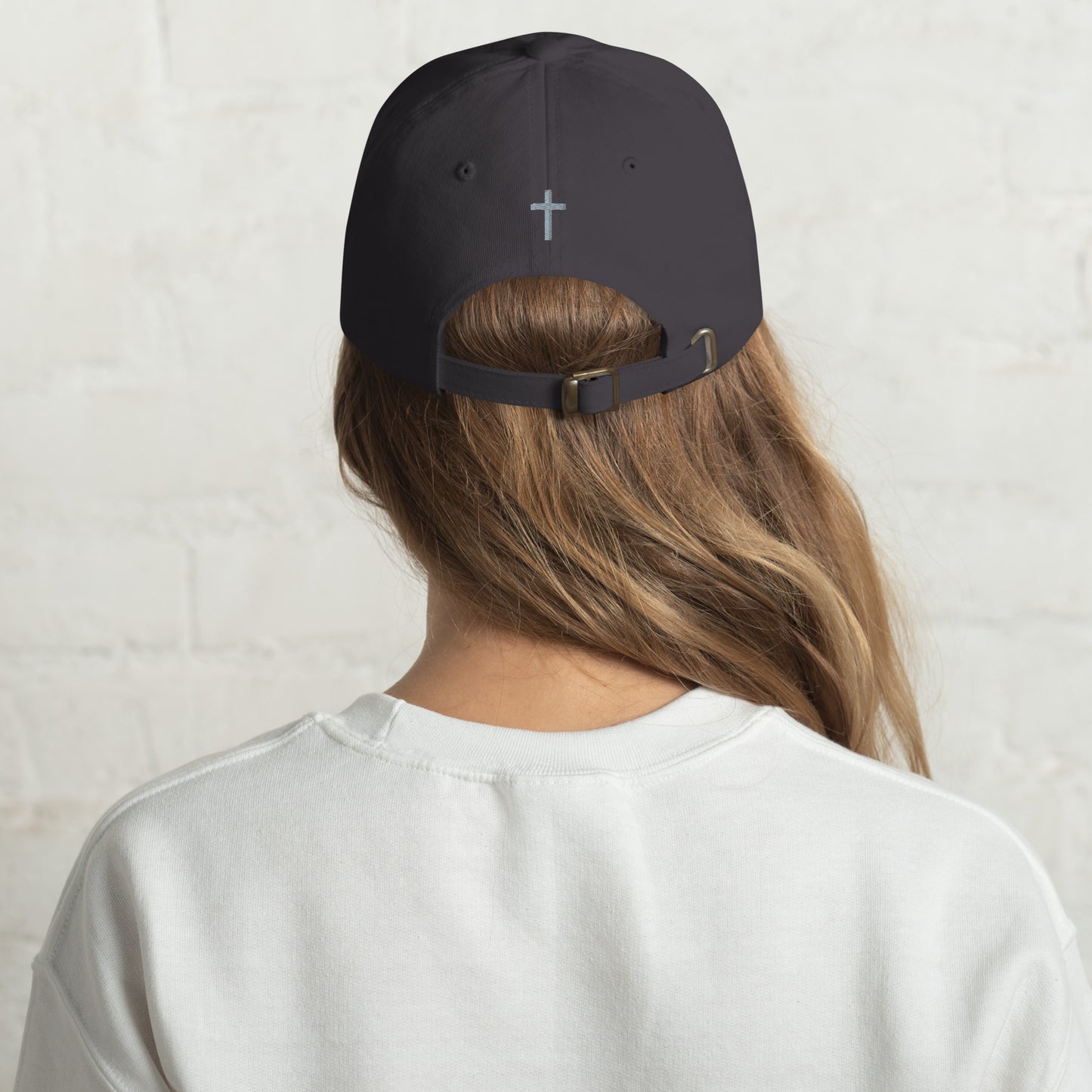 Cornerstone Wear dark grey dad hat with embroidered logo, back view.
