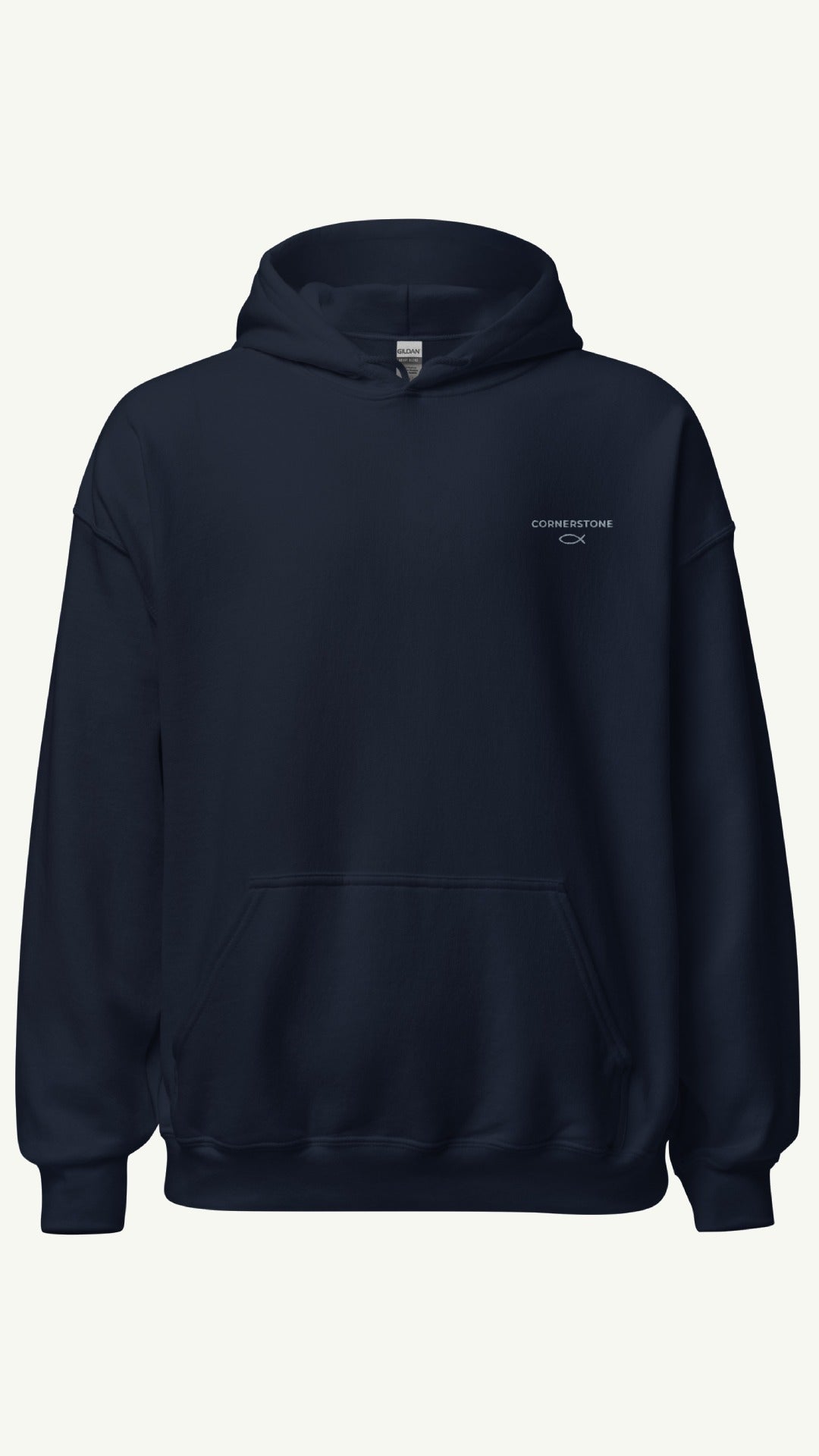 Cornerstone Wear unisex navy hoodie mockup, front flat lay view.