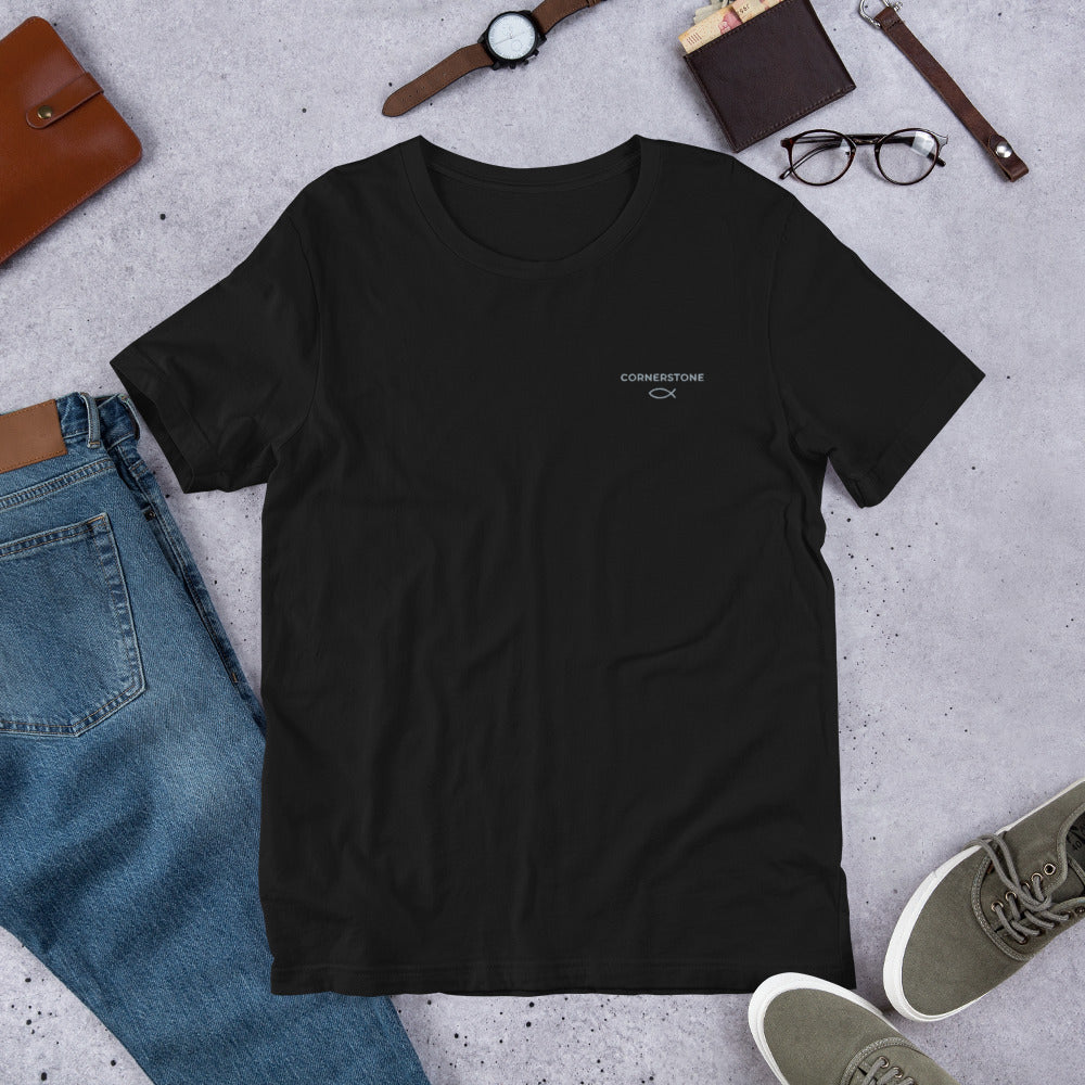Cornerstone Wear unisex black t‑shirt mockup, front flat lay view.