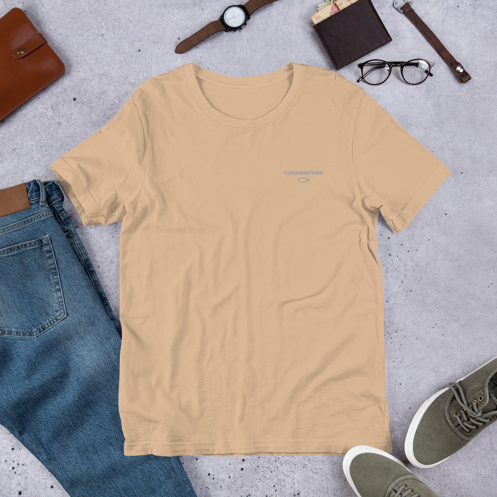 Cornerstone Wear unisex tan t‑shirt mockup, front flat lay view.