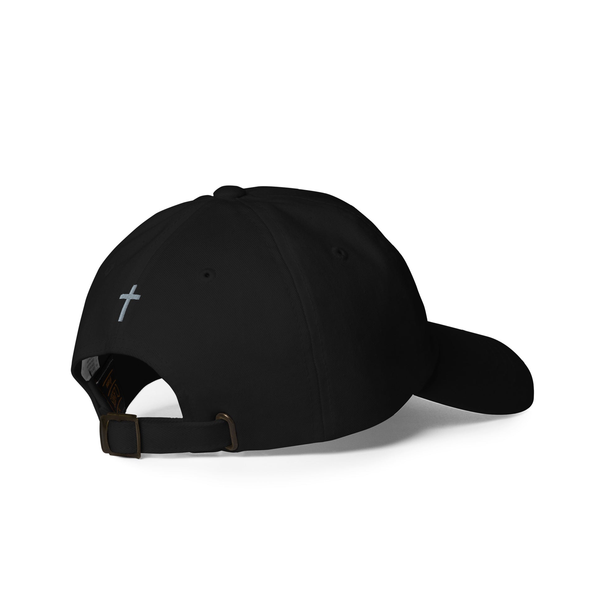 Cornerstone Wear black dad hat with embroidered logo, right back view.