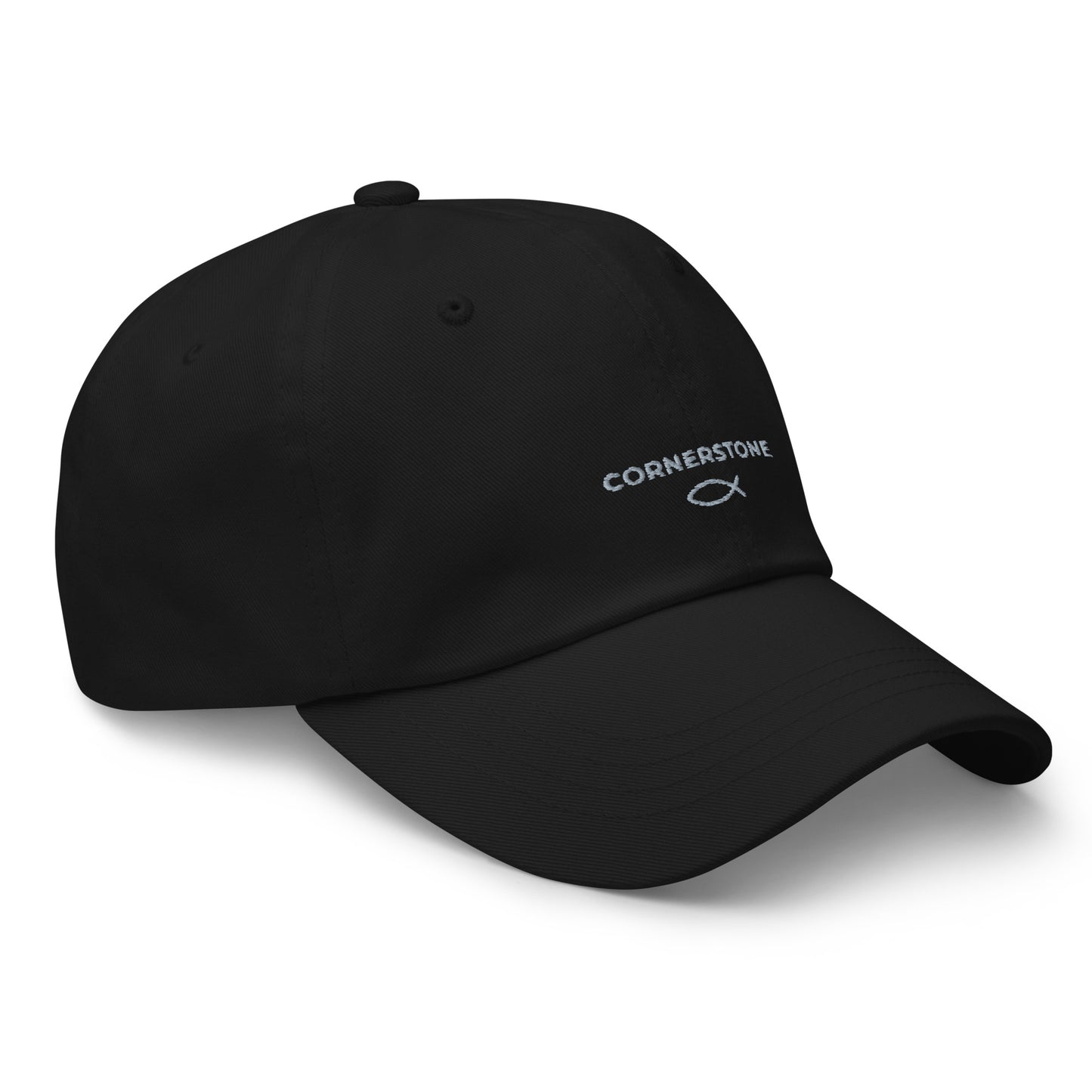 Cornerstone Wear black dad hat with embroidered logo, right front view.