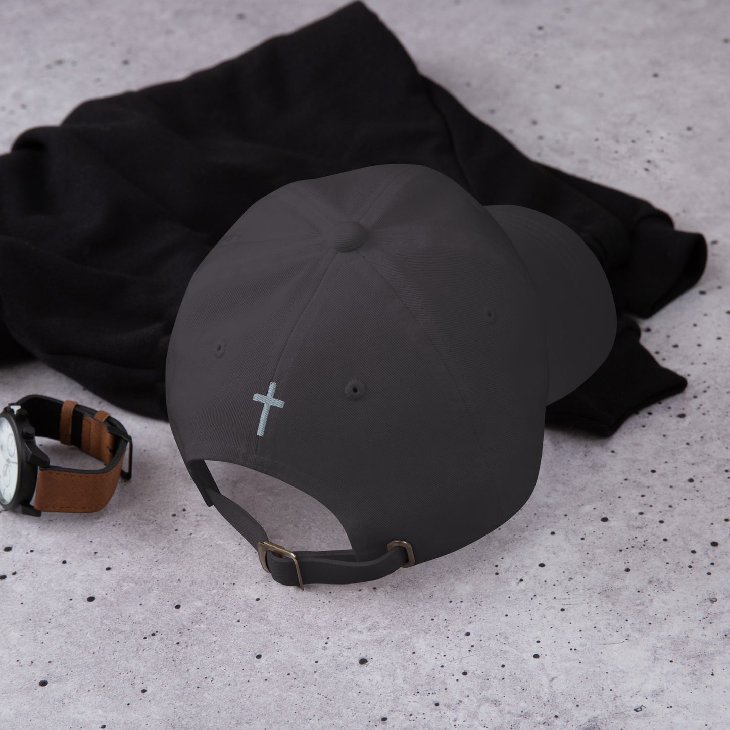 Cornerstone Wear dark grey dad hat with embroidered logo, right back view.