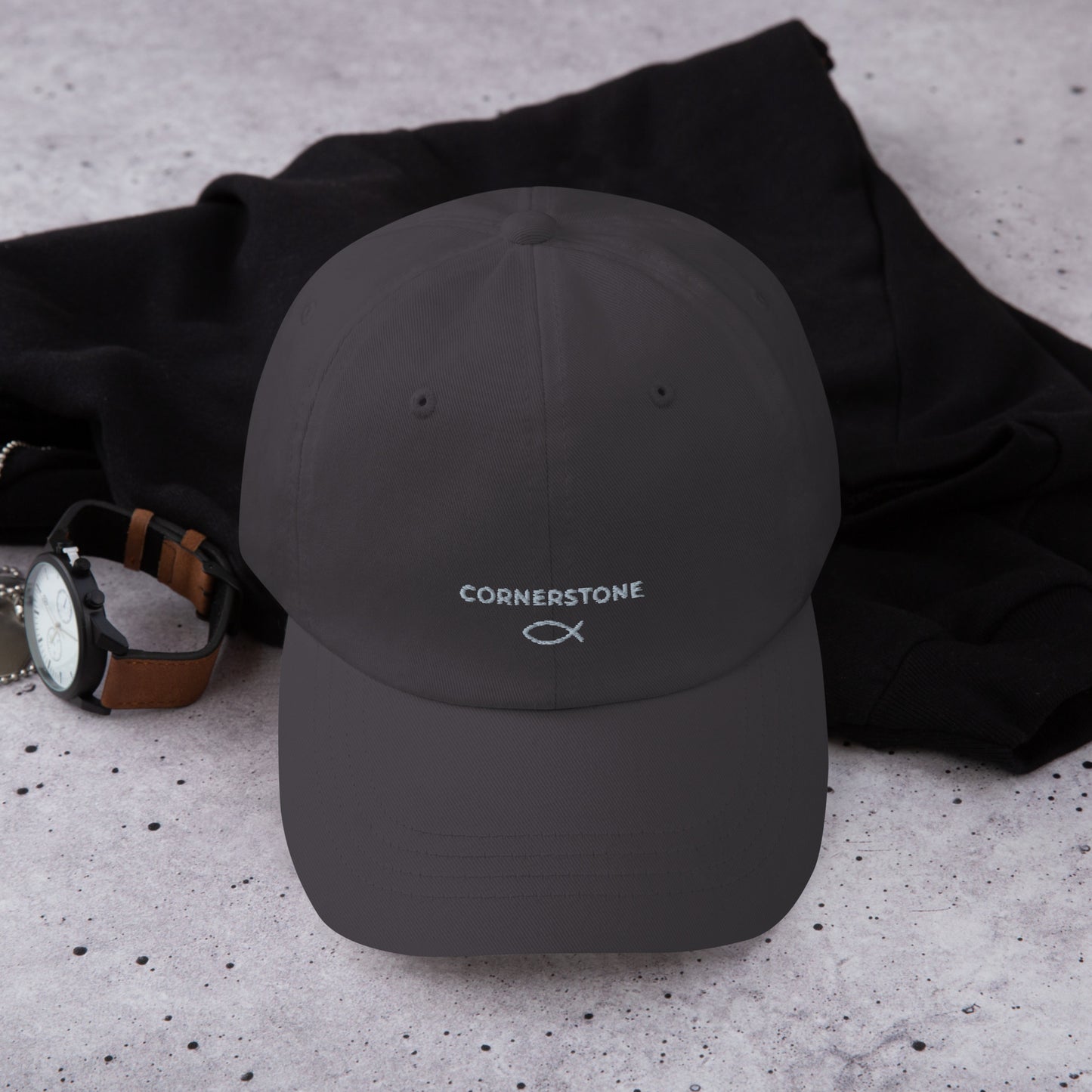 Cornerstone Wear dark grey dad hat with embroidered logo, front view.