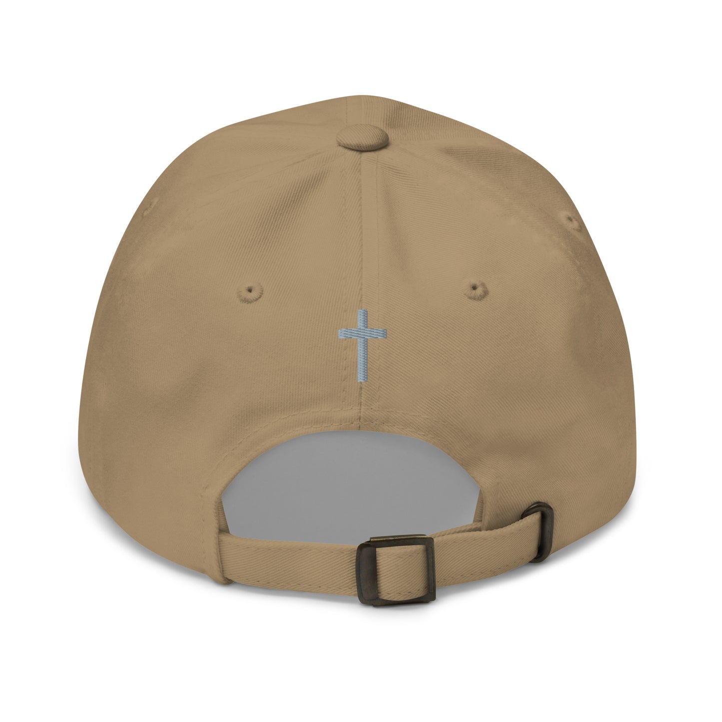Cornerstone Wear khaki dad hat with embroidered logo, back view.