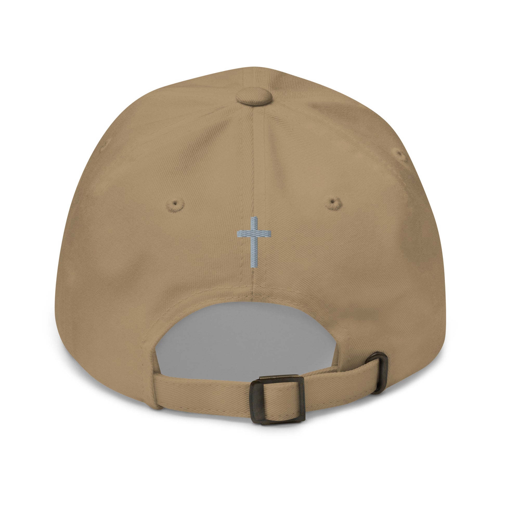 Cornerstone Wear khaki dad hat with embroidered logo, back view.