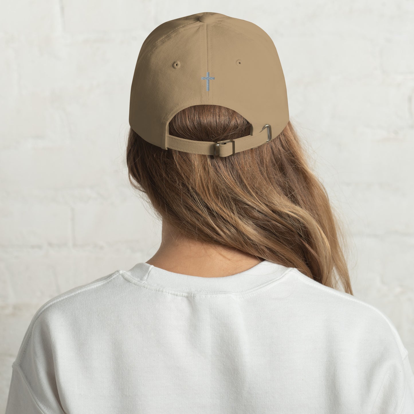 Cornerstone Wear khaki dad hat with embroidered logo, back view.