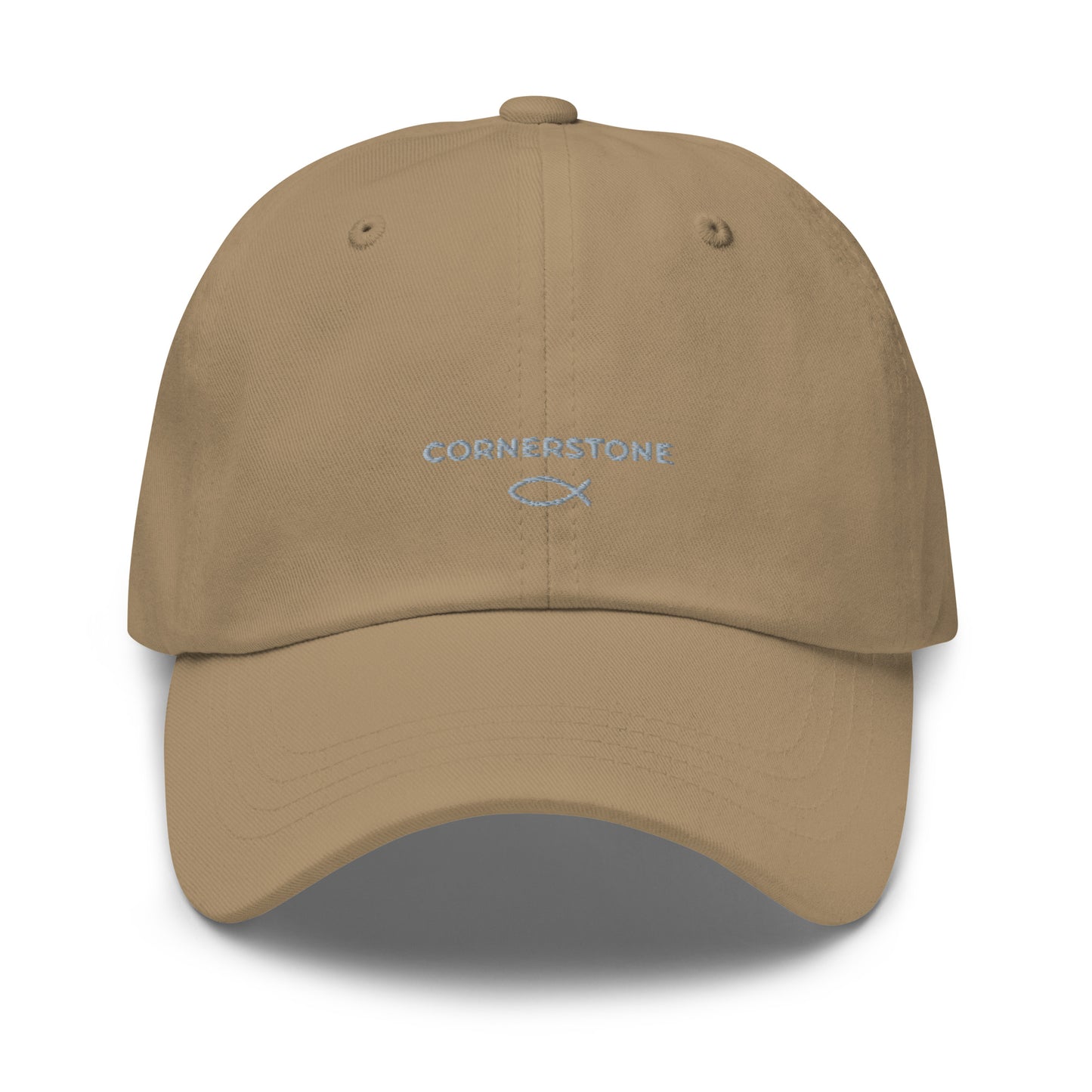 Cornerstone Wear khaki dad hat with embroidered logo, front view.