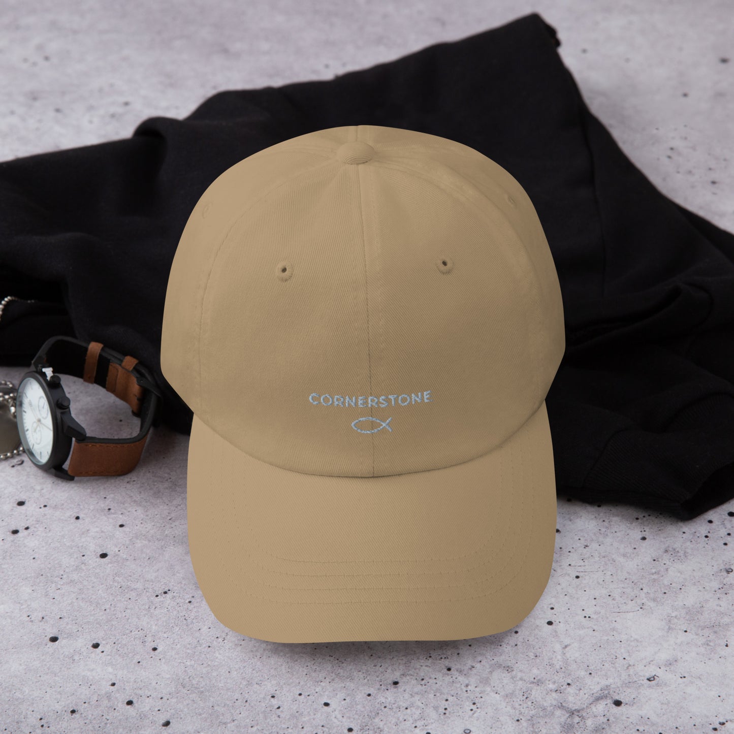Cornerstone Wear khaki dad hat with embroidered logo, front view.