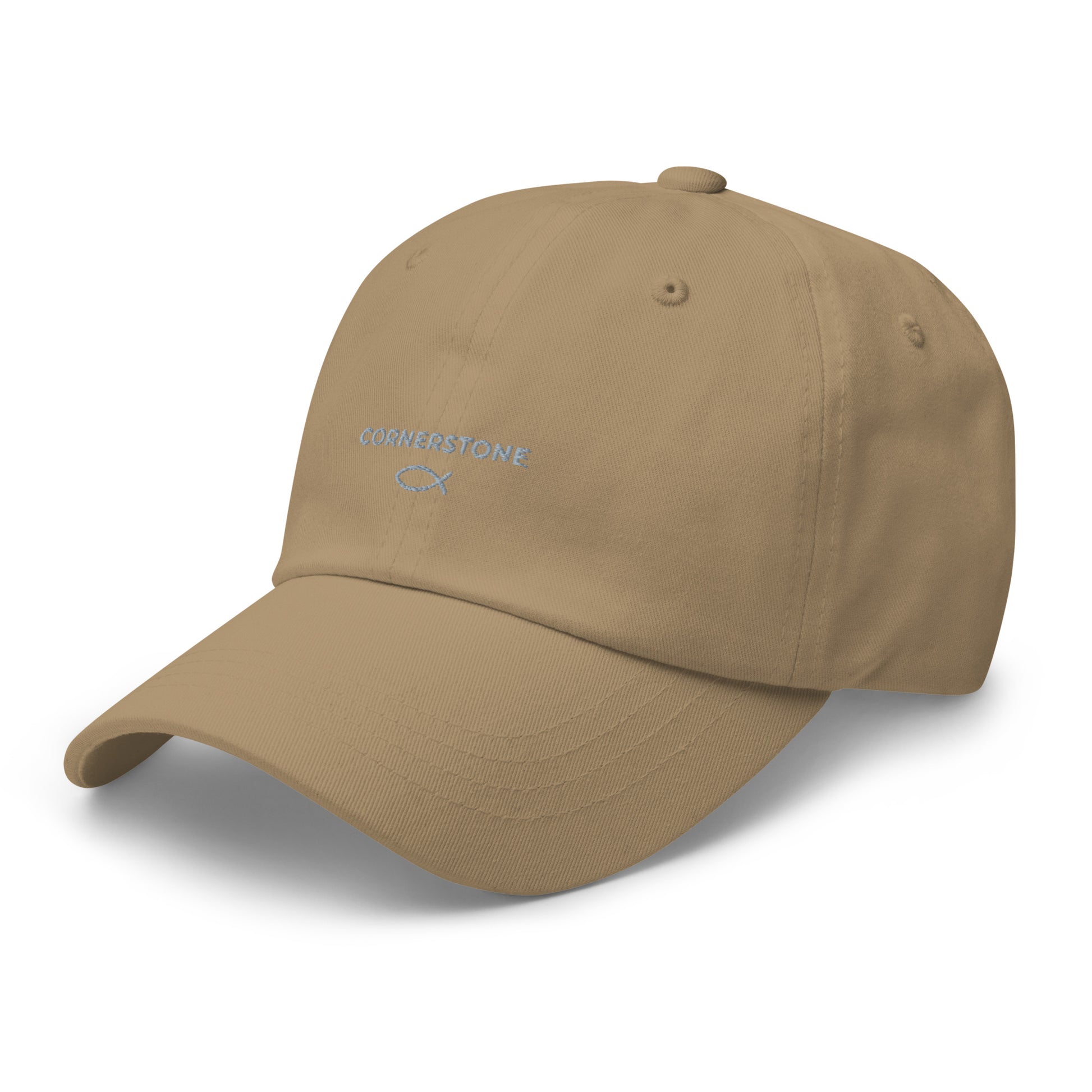 Cornerstone Wear khaki dad hat with embroidered logo, left front view.
