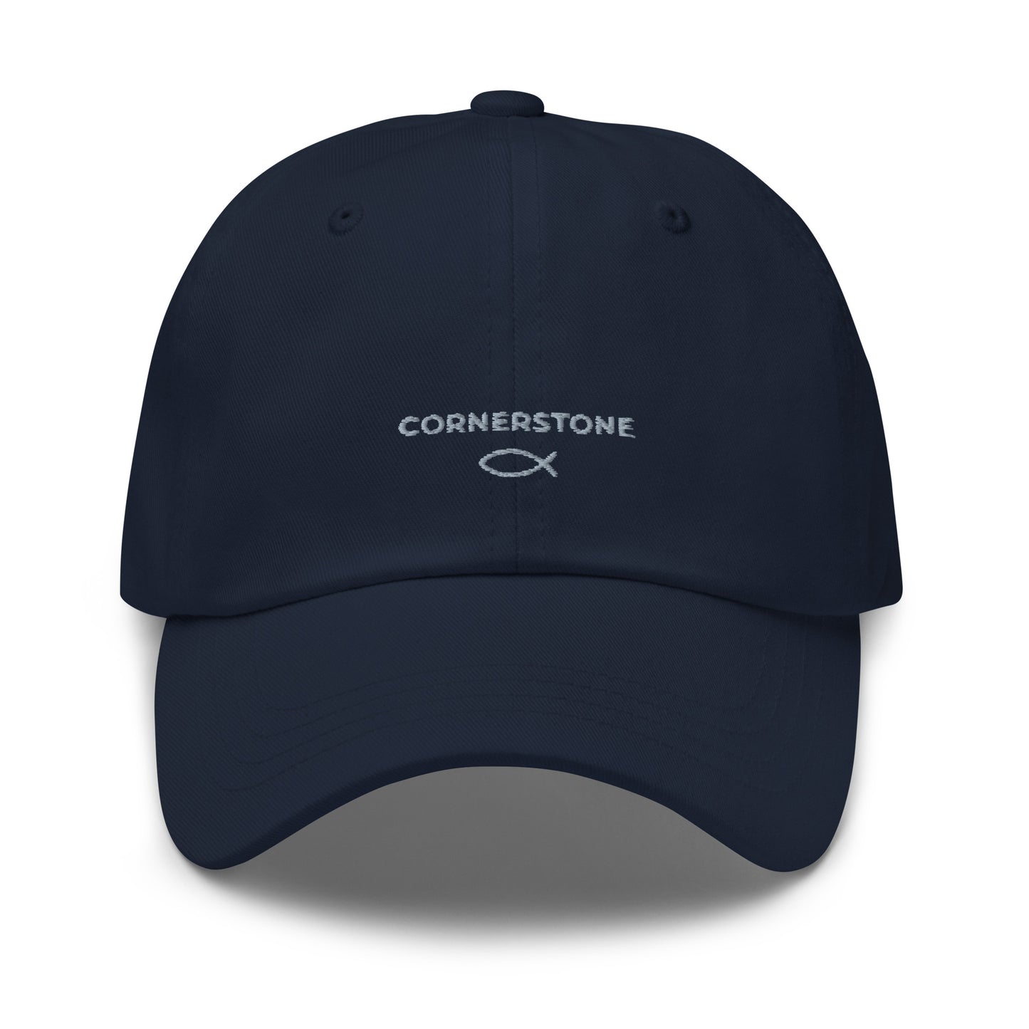 Cornerstone Wear navy dad hat with embroidered logo, front view.