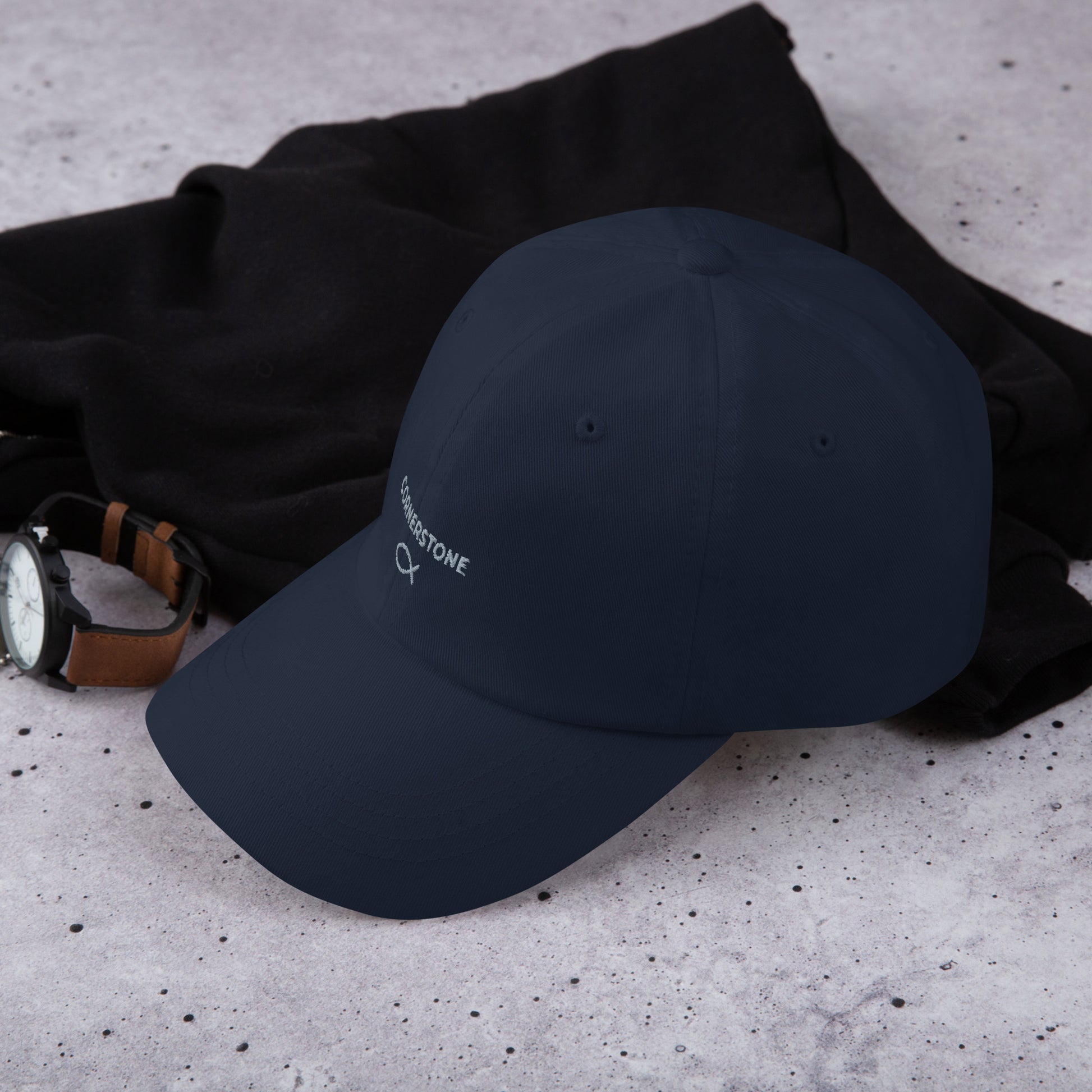 Cornerstone Wear navy dad hat with embroidered logo, right left view.