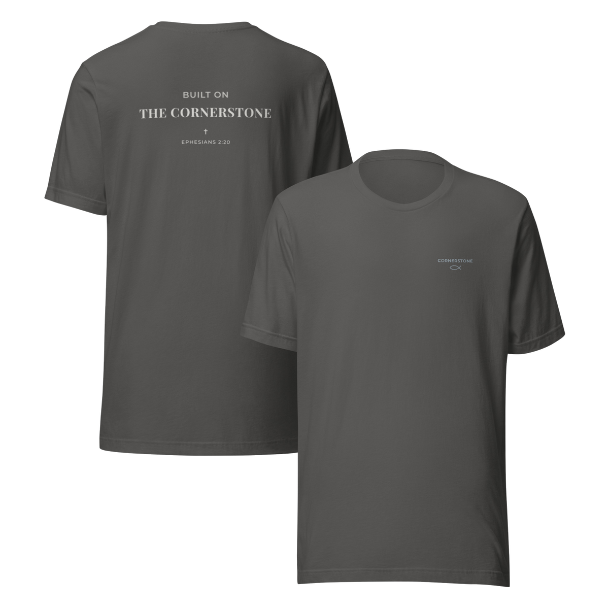 Cornerstone Wear unisex Grey t‑shirt mockup, flat lay front view and back lay back view.