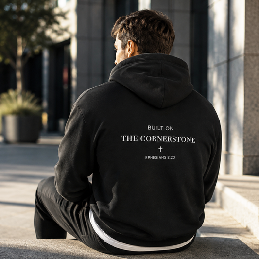 Person wearing a cornerstone wear black hoodie with text sitting on a bench outdoors.