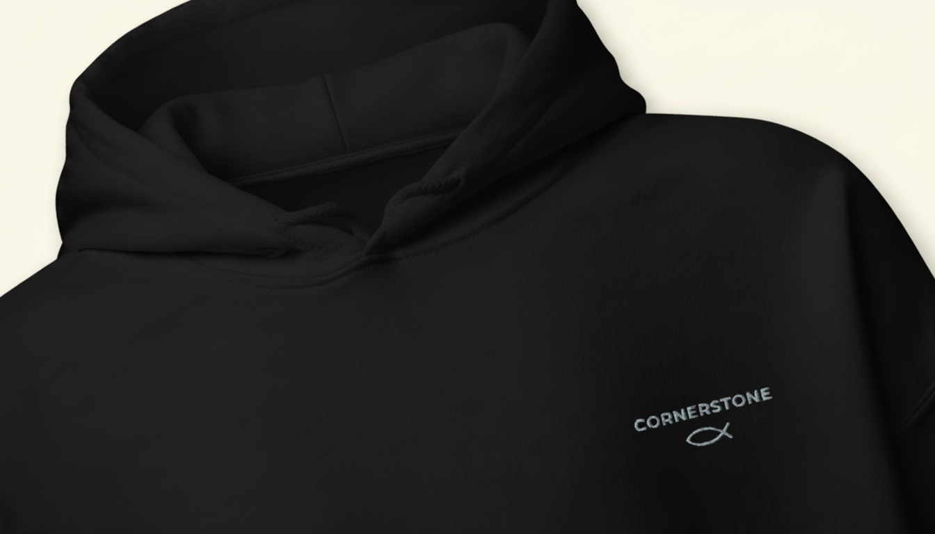 Black hoodie with 'Cornerstone' logo on a beige background