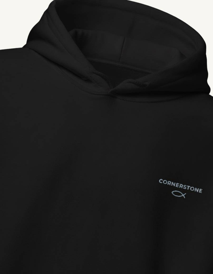 Black hoodie with 'Cornerstone' logo on a white background