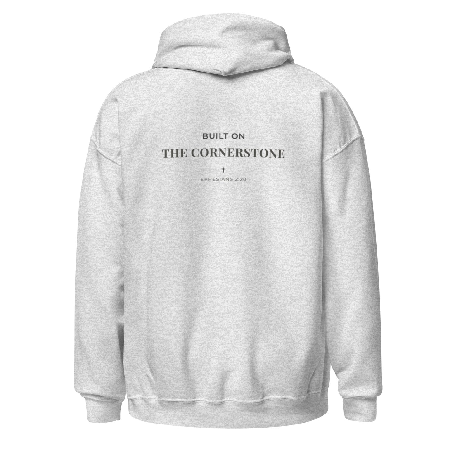 Cornerstone Wear unisex grey hoodie mockup, back flat lay view.