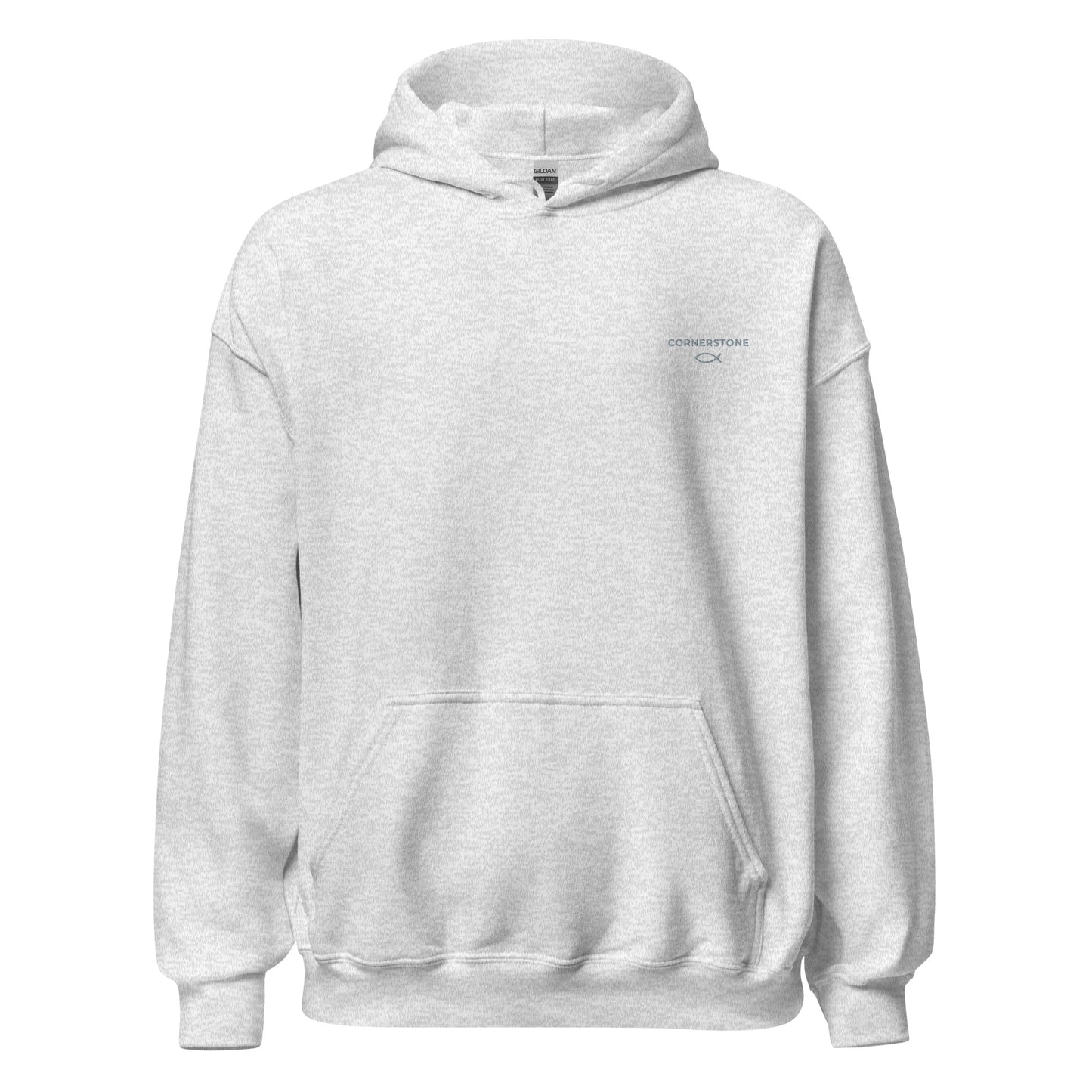 Cornerstone Wear unisex grey hoodie mockup, front flat lay view.