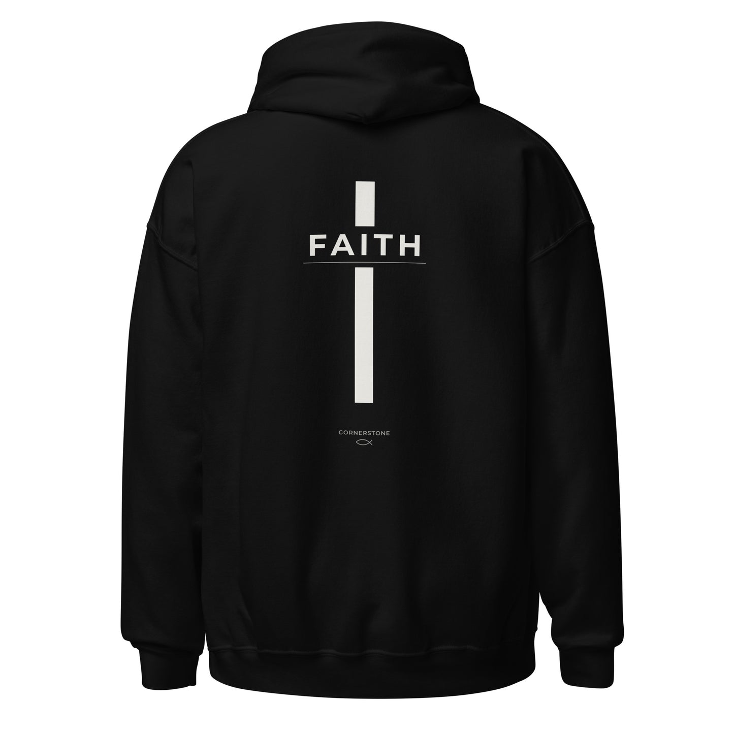 Cornerstone Wear unisex black hoodie mockup, back flat lay view.