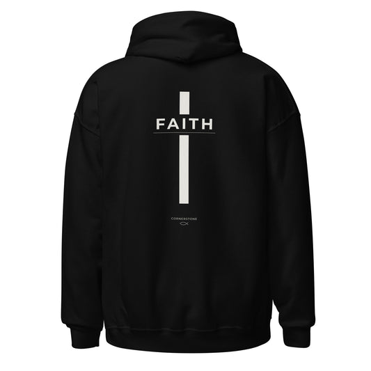 Cornerstone Wear unisex black hoodie mockup, back flat lay view.