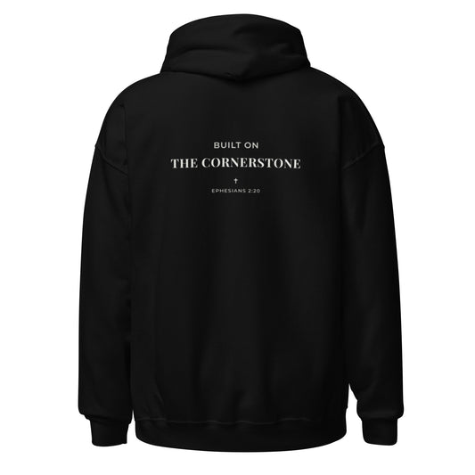 Cornerstone Wear unisex black hoodie mockup, back flat lay view.