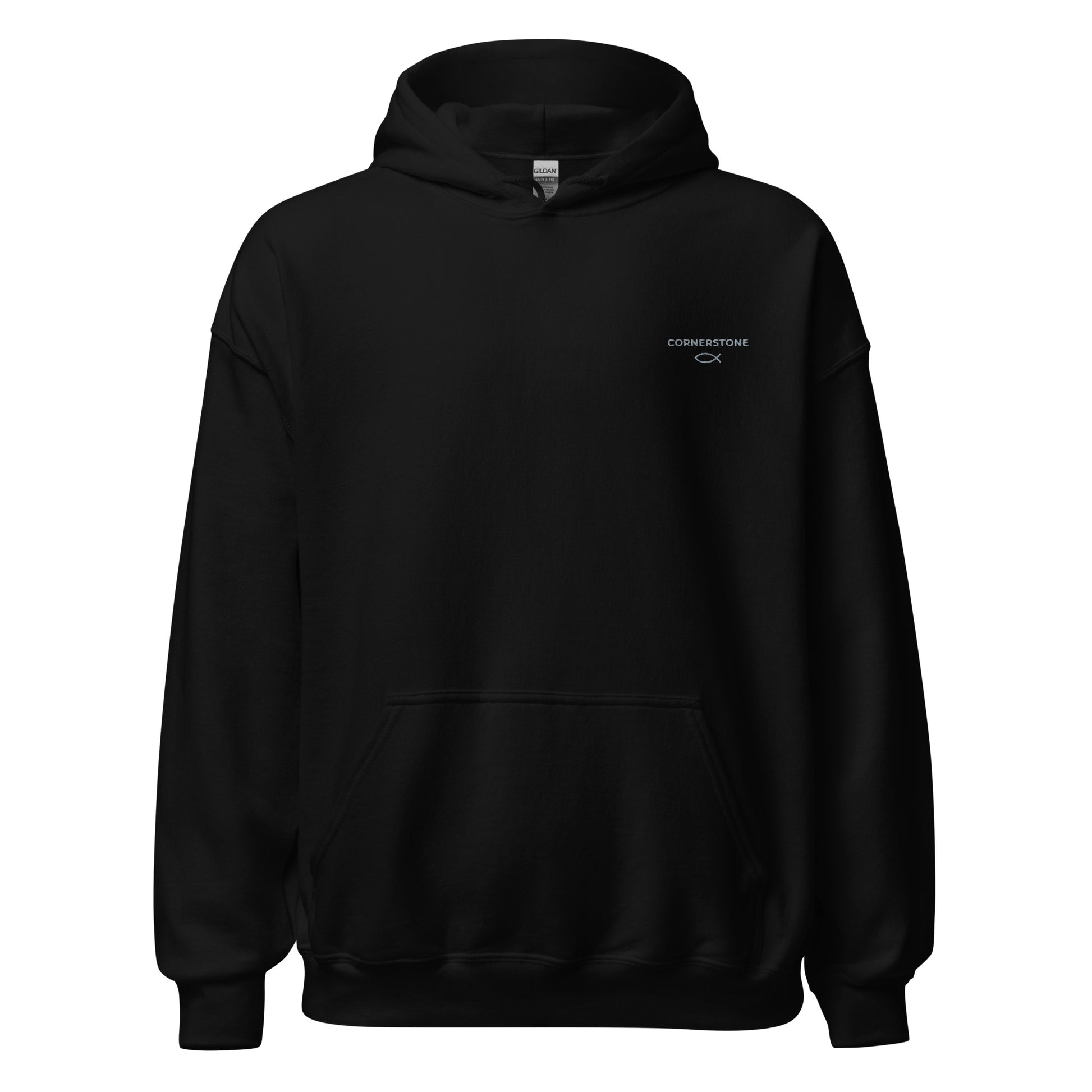 Cornerstone Wear unisex black hoodie mockup, front flat lay view.