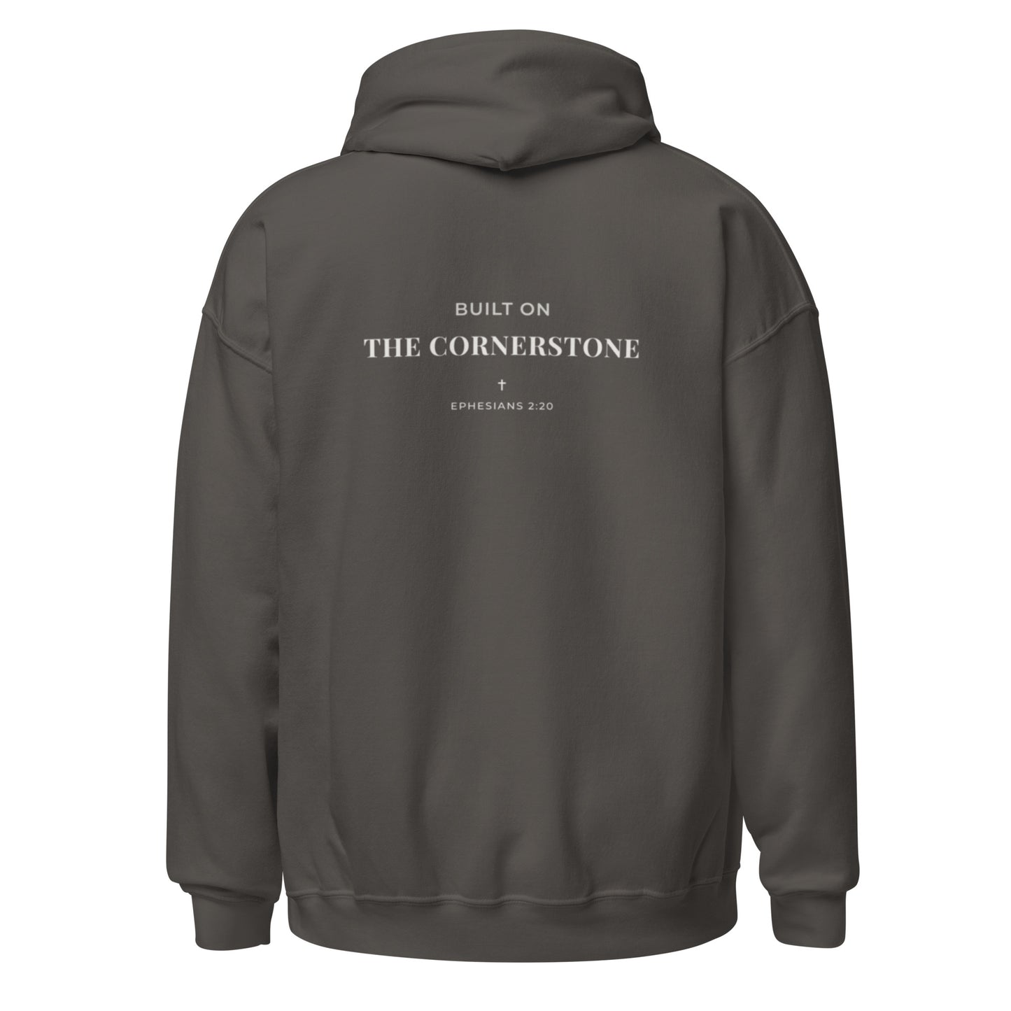 Cornerstone Wear unisex dark grey hoodie mockup, back flat lay view.