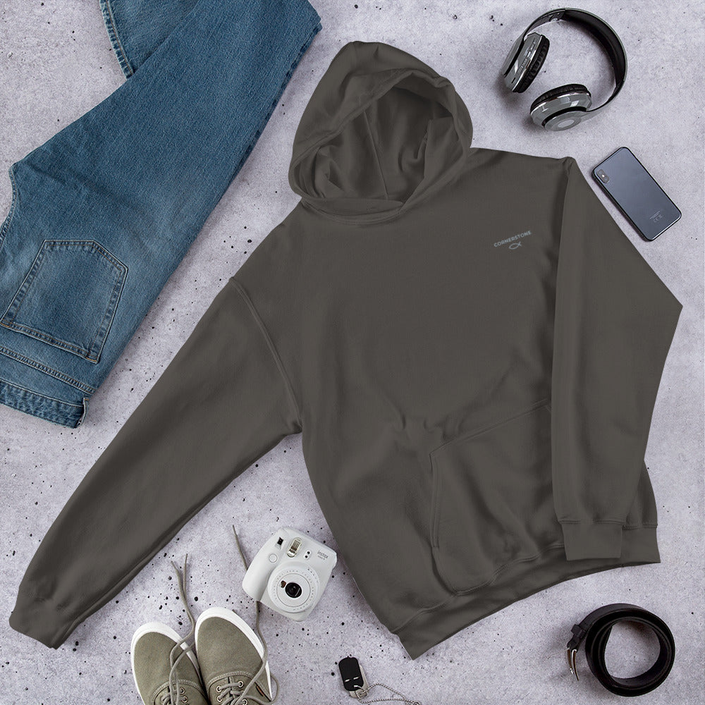 Cornerstone Wear unisex dark grey hoodie mockup, front flat lay view.