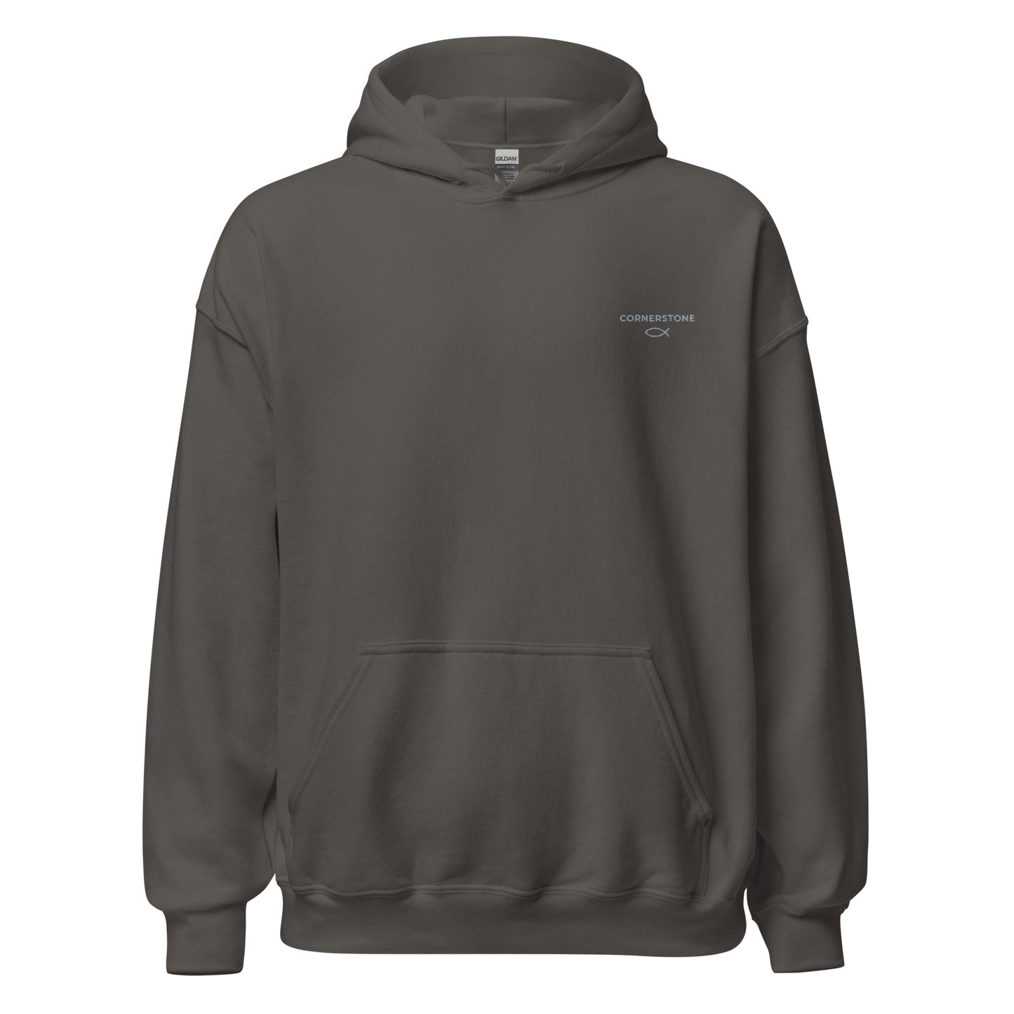 Cornerstone Wear unisex dark grey hoodie mockup, front flat lay view.