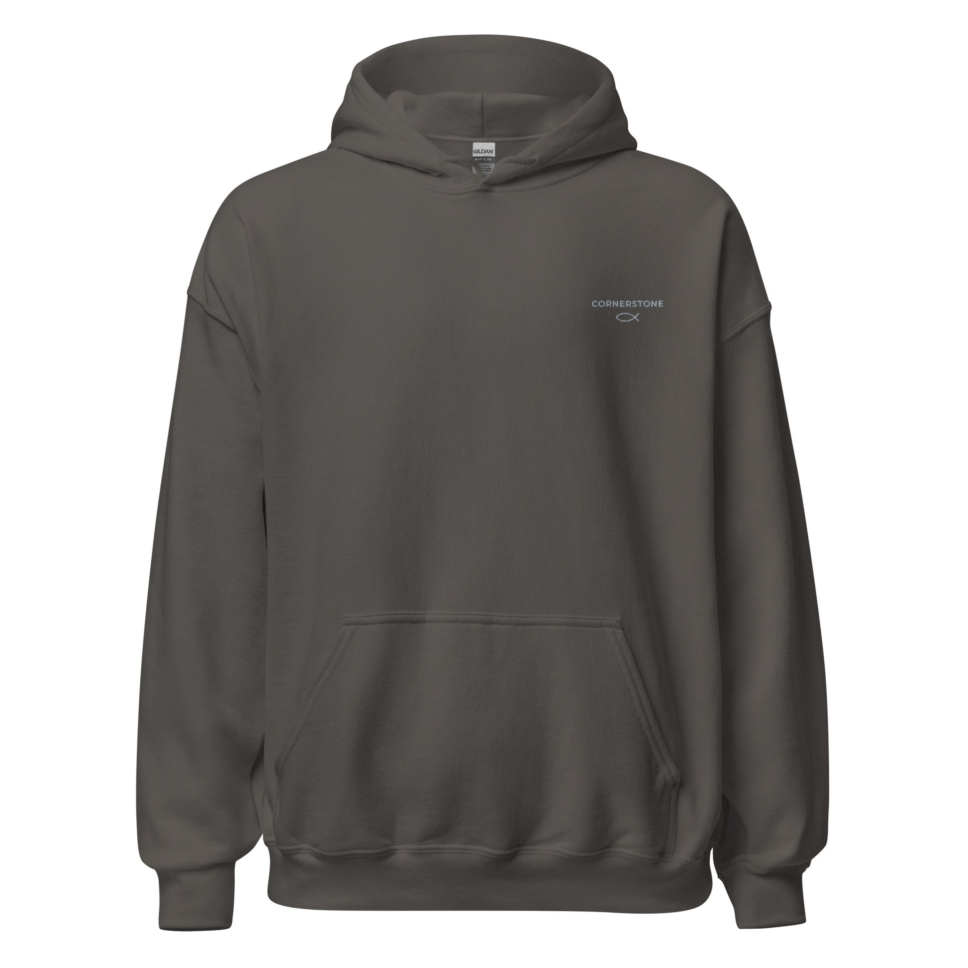 Cornerstone Wear unisex dark grey hoodie mockup, front flat lay view.