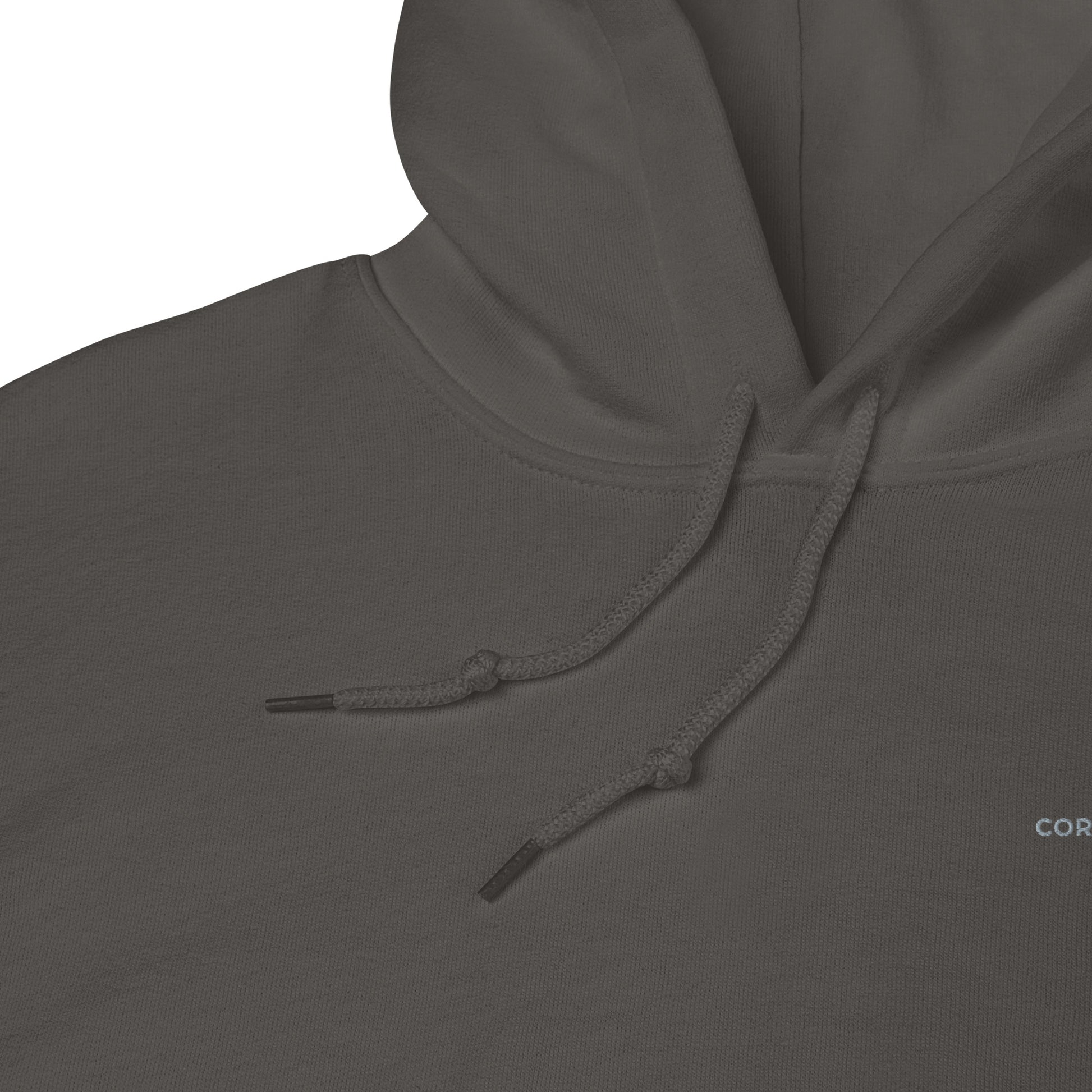 Close-up of a Cornerstone Wear unisex dark grey hoodie with a drawstring on a white background