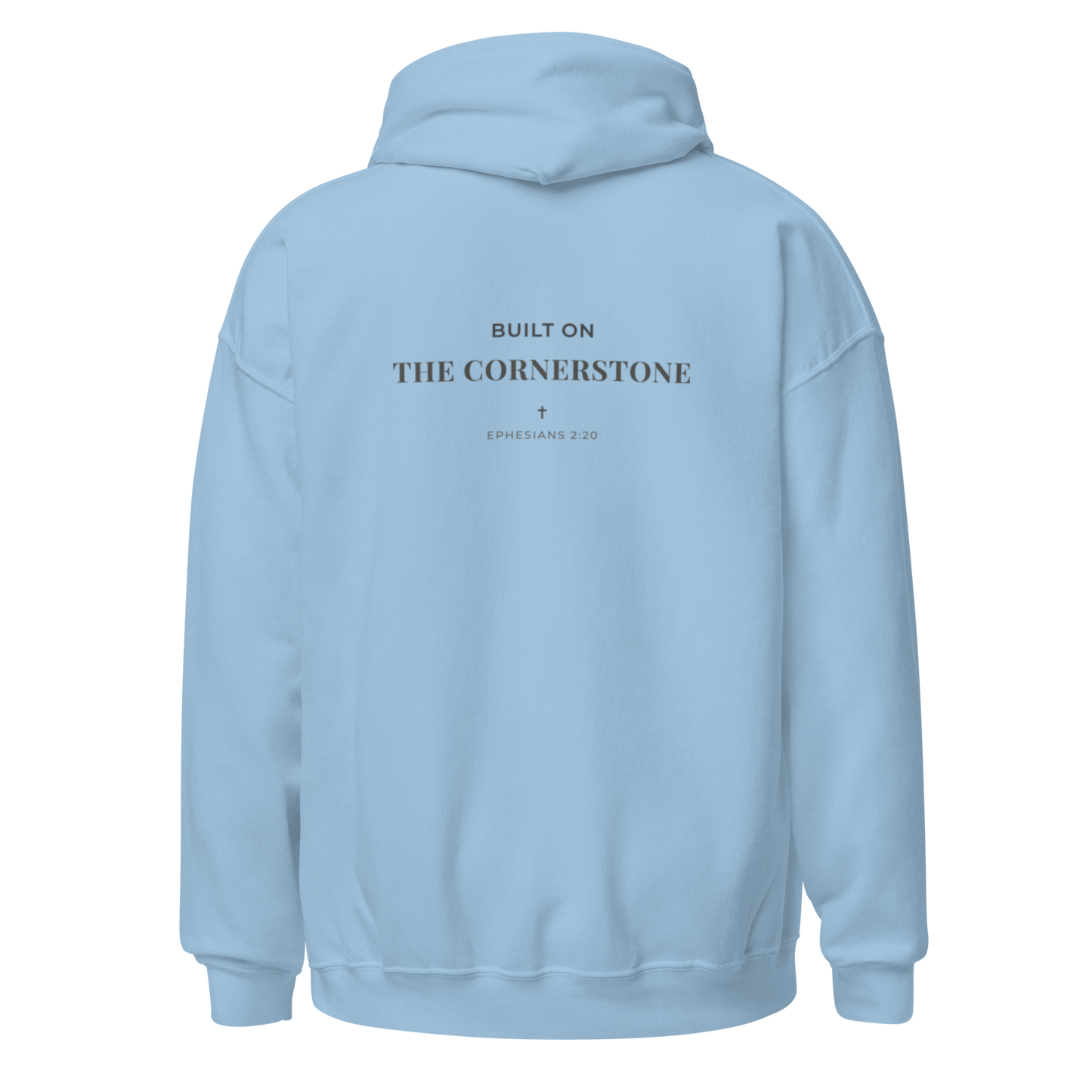 Cornerstone Wear unisex blue hoodie mockup, back flat lay view.