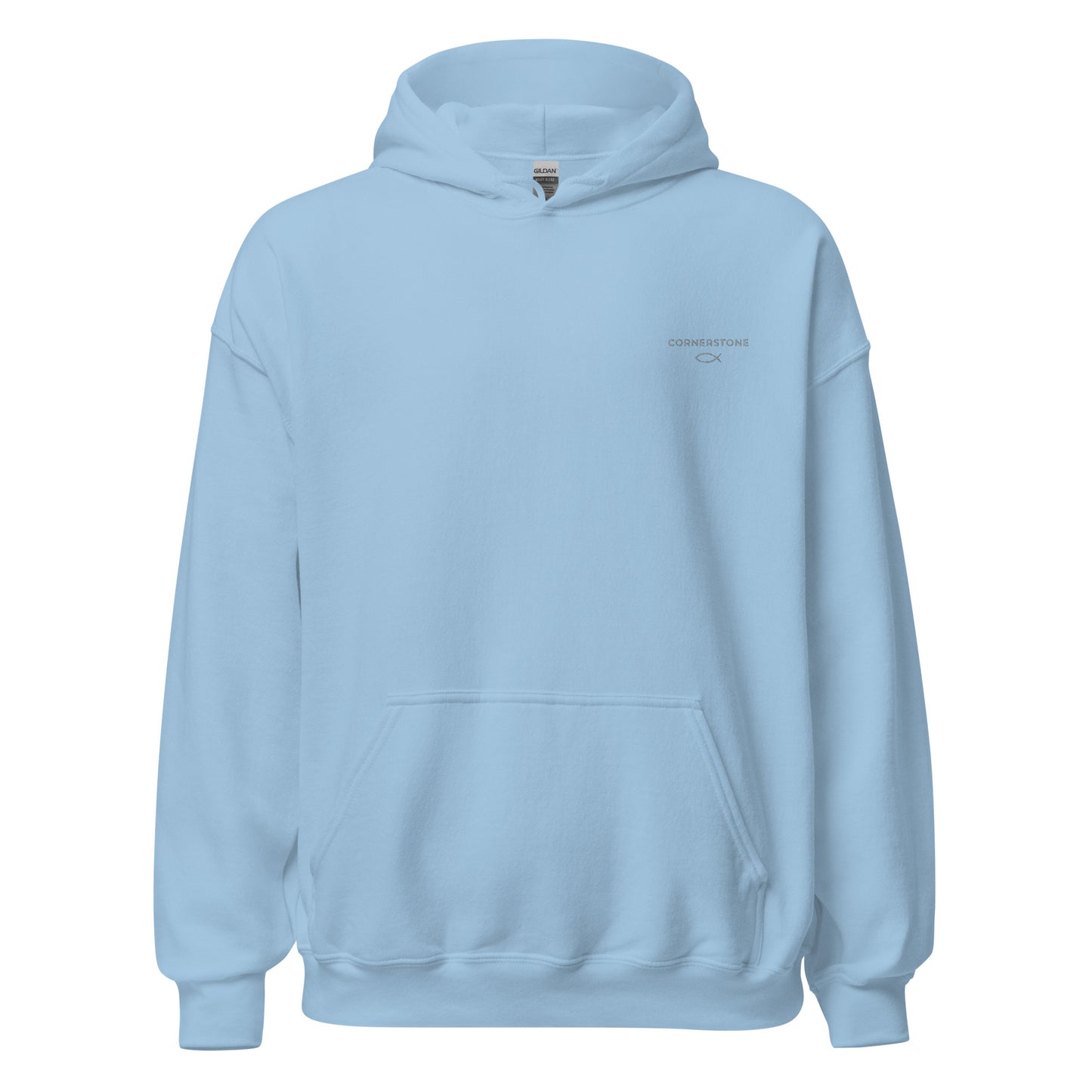 Cornerstone Wear unisex blue hoodie mockup, front flat lay view.