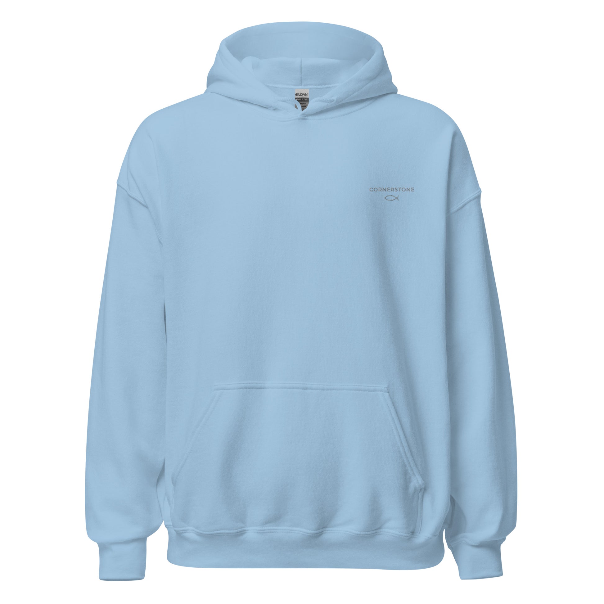 Cornerstone Wear unisex blue hoodie mockup, front flat lay view.