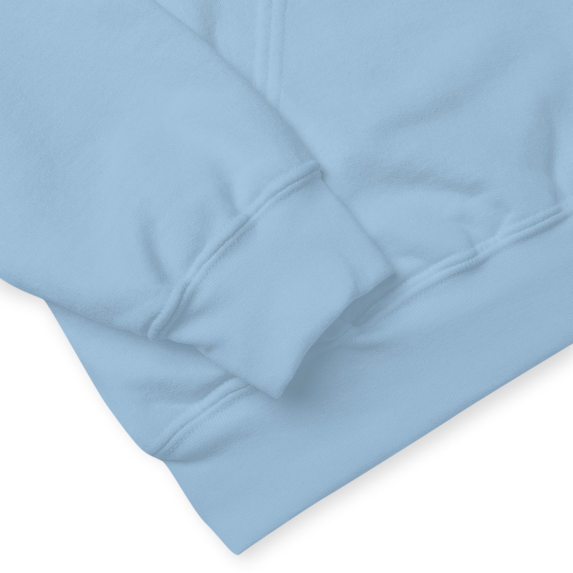 Close-up of a Cornerstone Wear unisex light blue hoodie with a sleeve and cuff