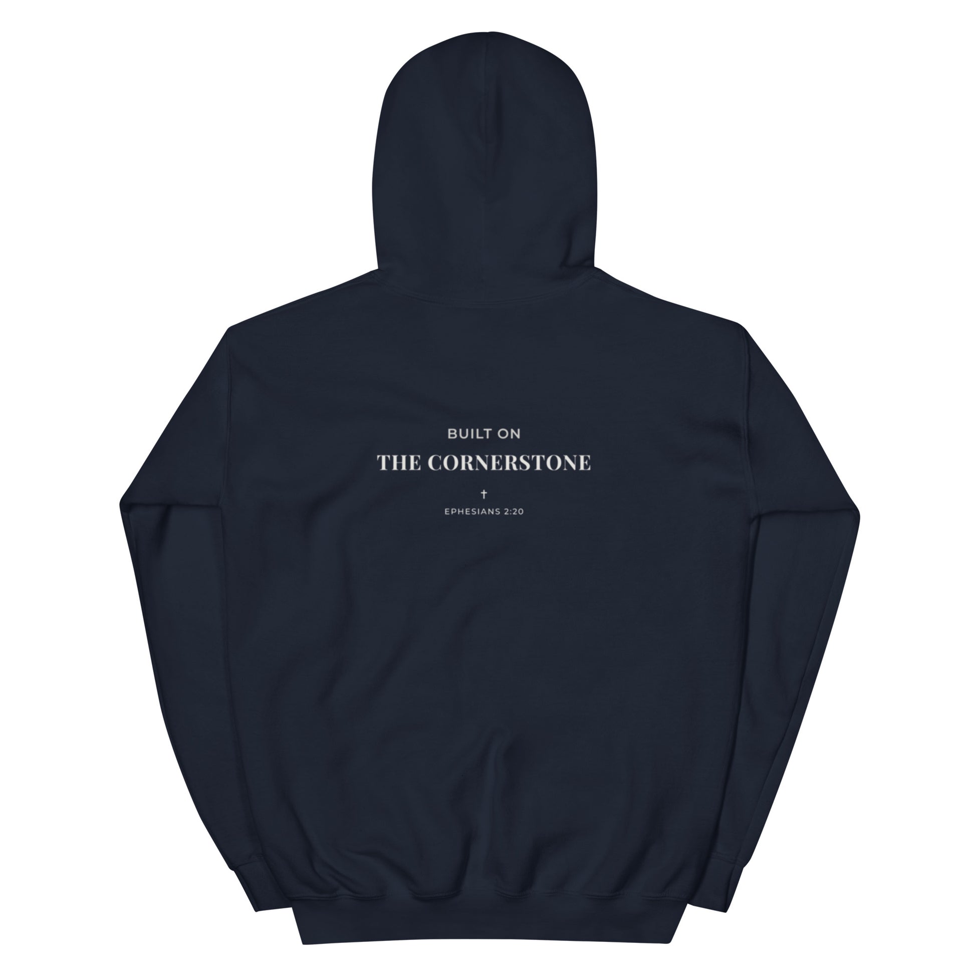 Cornerstone Wear unisex navy hoodie mockup, back flat lay view.