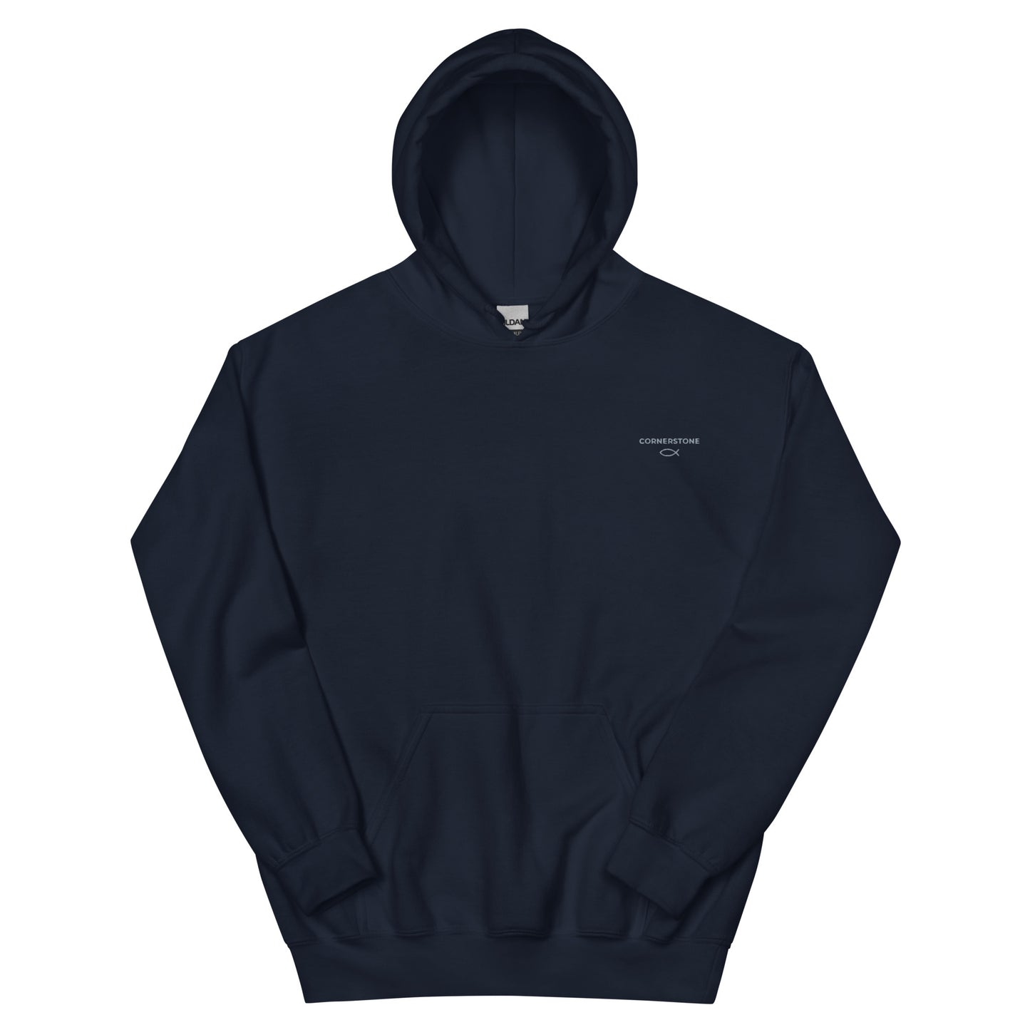 Cornerstone Wear unisex navy hoodie mockup, front flat lay view.