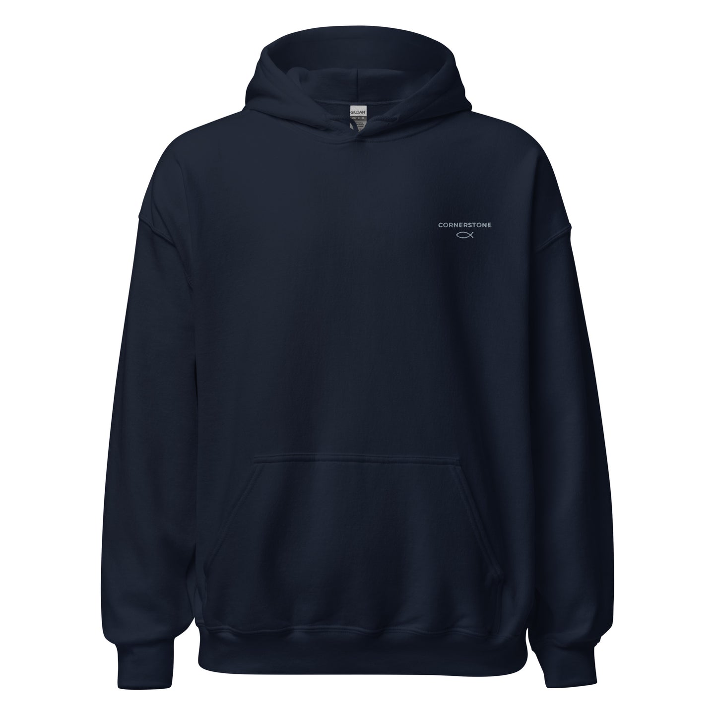 Cornerstone Wear unisex navy hoodie mockup, front flat lay view.