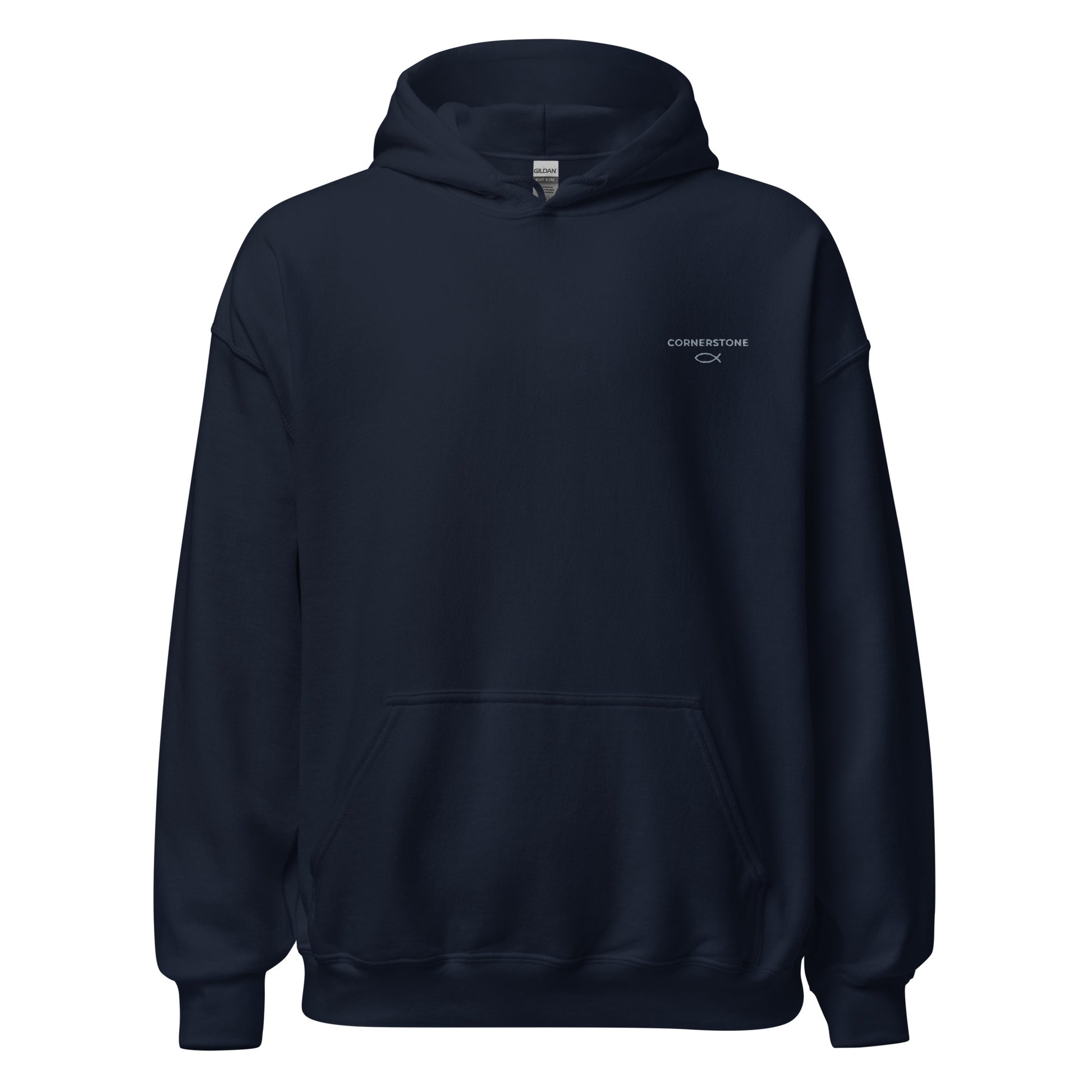 Cornerstone Wear unisex navy hoodie mockup, front flat lay view.
