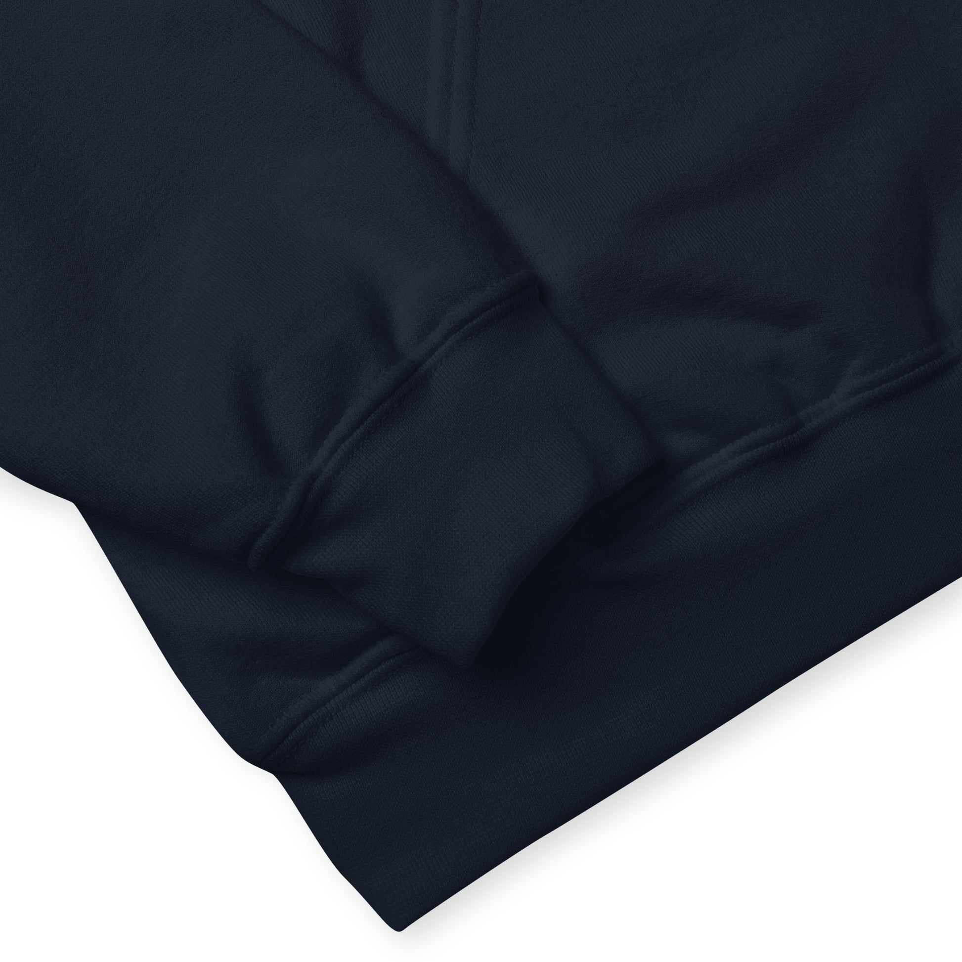 Close-up of a Cornerstone Wear unisex Navy hoodie with a sleeve and cuff
