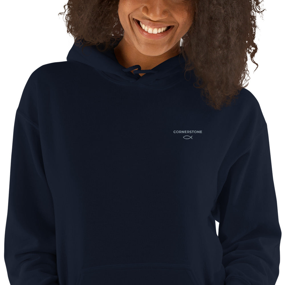 Cornerstone Wear unisex light grey hoodie, Front view.