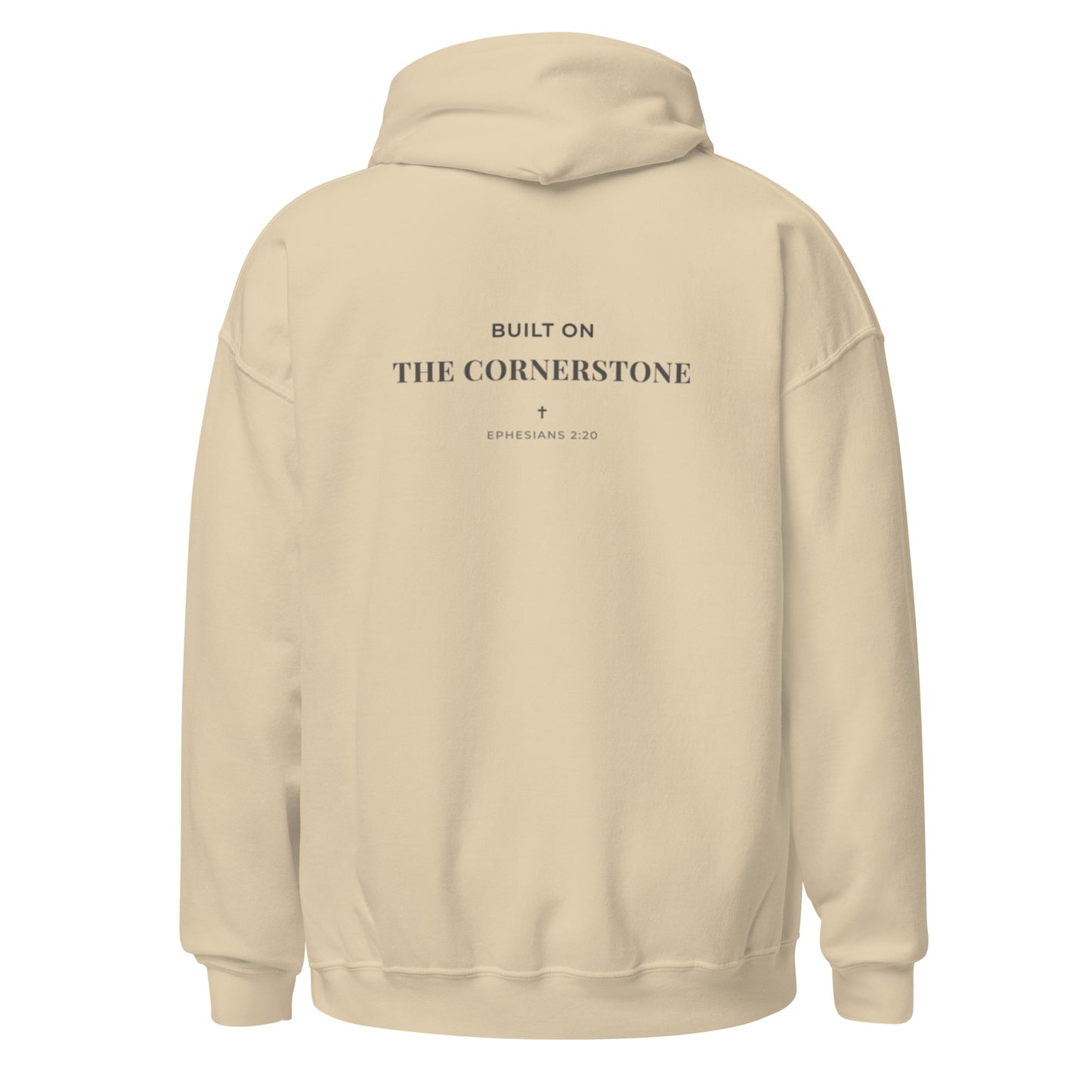 Cornerstone Wear unisex sand hoodie mockup, back flat lay view.
