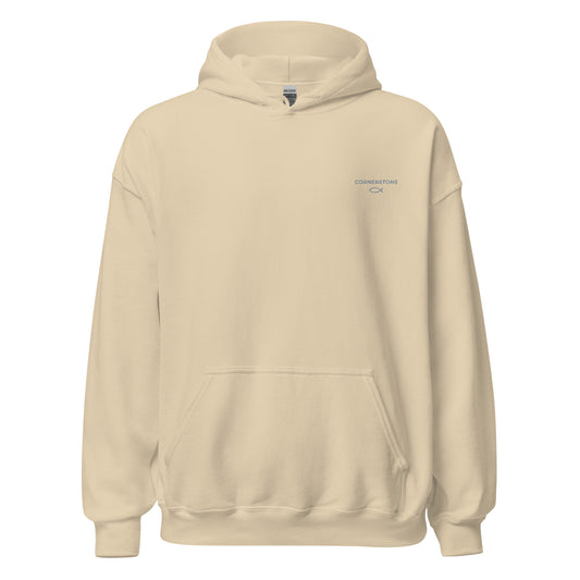Cornerstone Wear unisex sand hoodie mockup, front flat lay view.