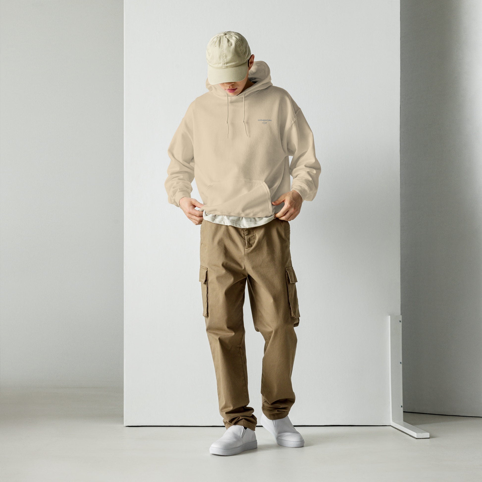 Cornerstone Wear unisex sand hoodie mockup, full‑body front view.