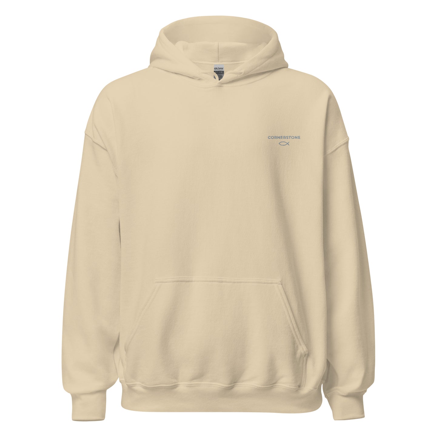 Cornerstone Wear unisex beige hoodie mockup, front flat lay view.
