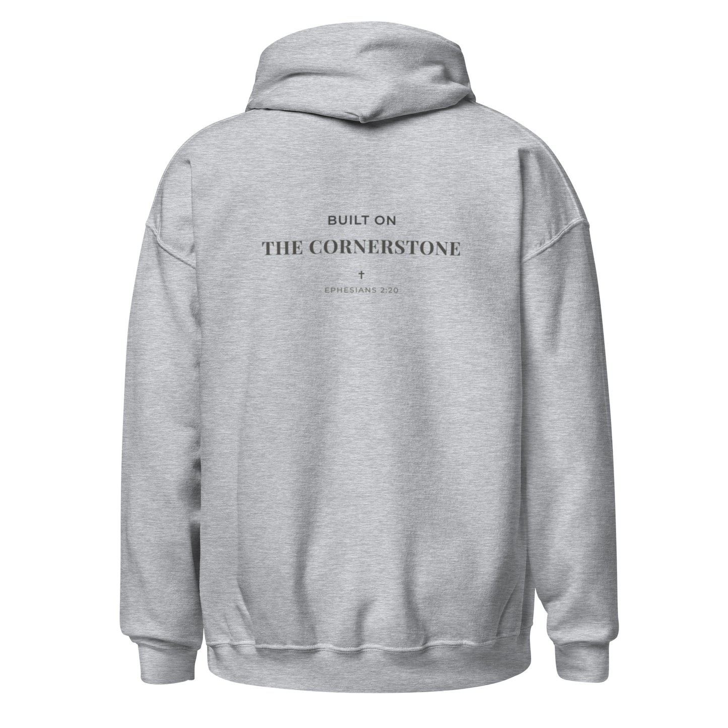 Cornerstone Wear unisex grey hoodie mockup, back flat lay view.