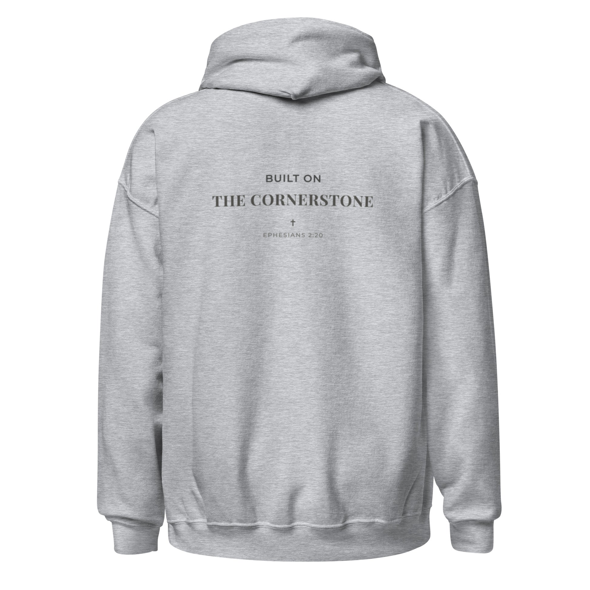 Cornerstone Wear unisex grey hoodie mockup, back flat lay view.