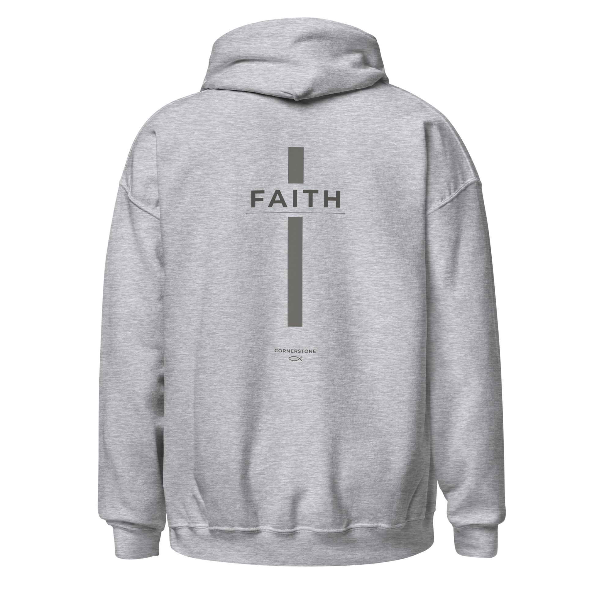 Cornerstone Wear unisex light grey hoodie mockup, back flat lay view.