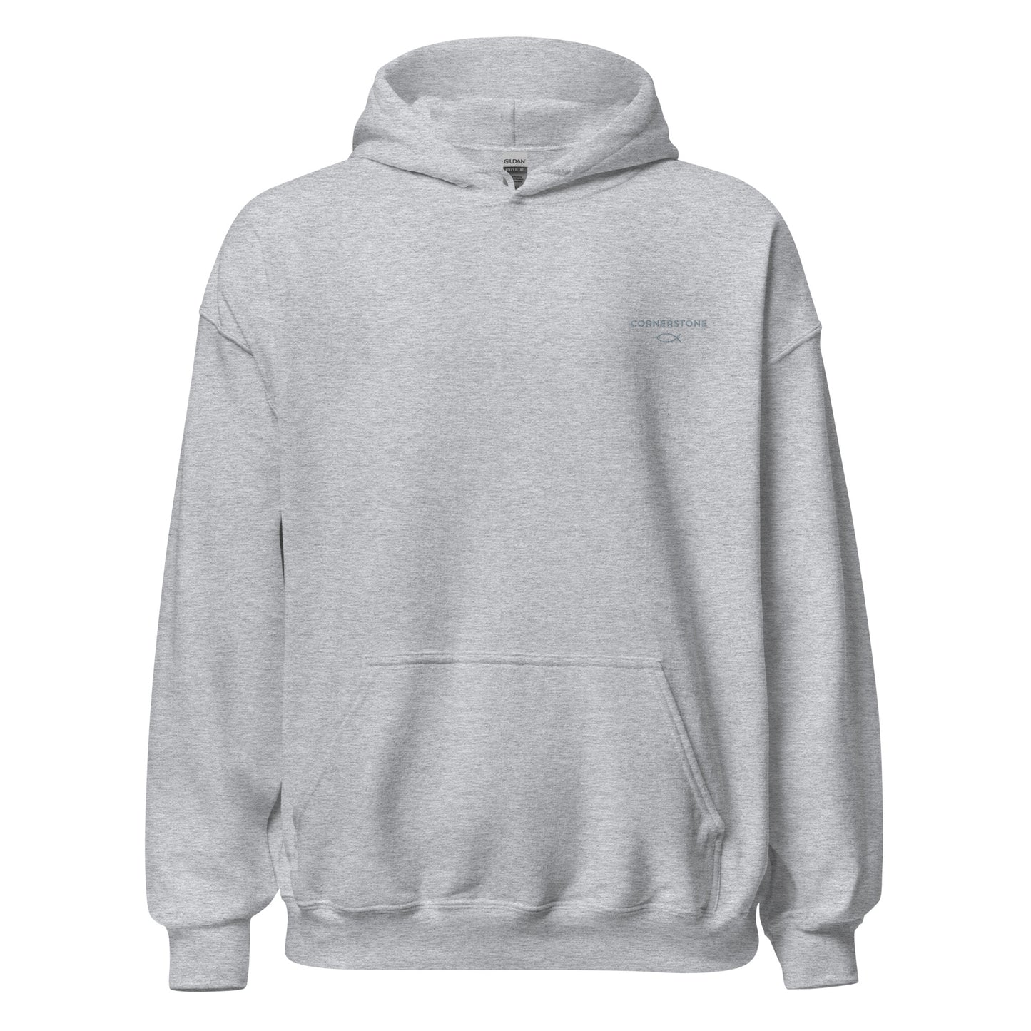 Cornerstone Wear unisex grey hoodie mockup, front flat lay view.